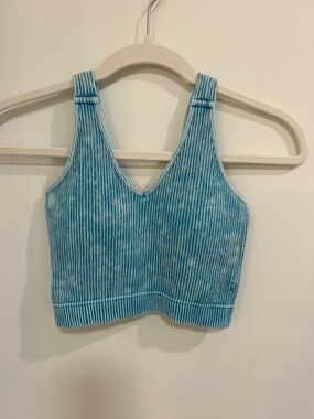 Zenana Brami Ribbed V-Neck Sports Bra in Aqua Blue L/XL has stretch and padding